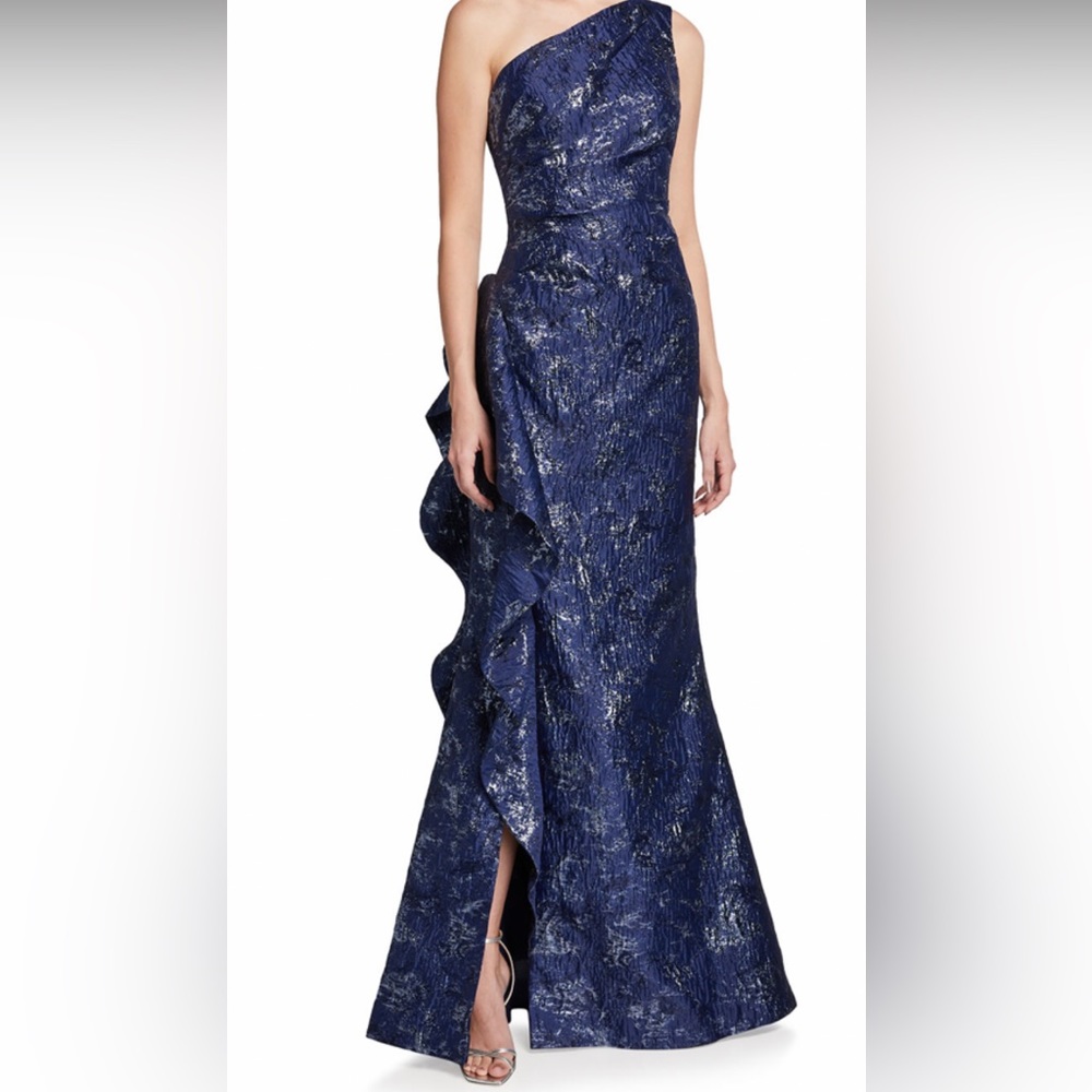 Teri Jon by Rickie Freeman Jacquard One-Shoulder Gown